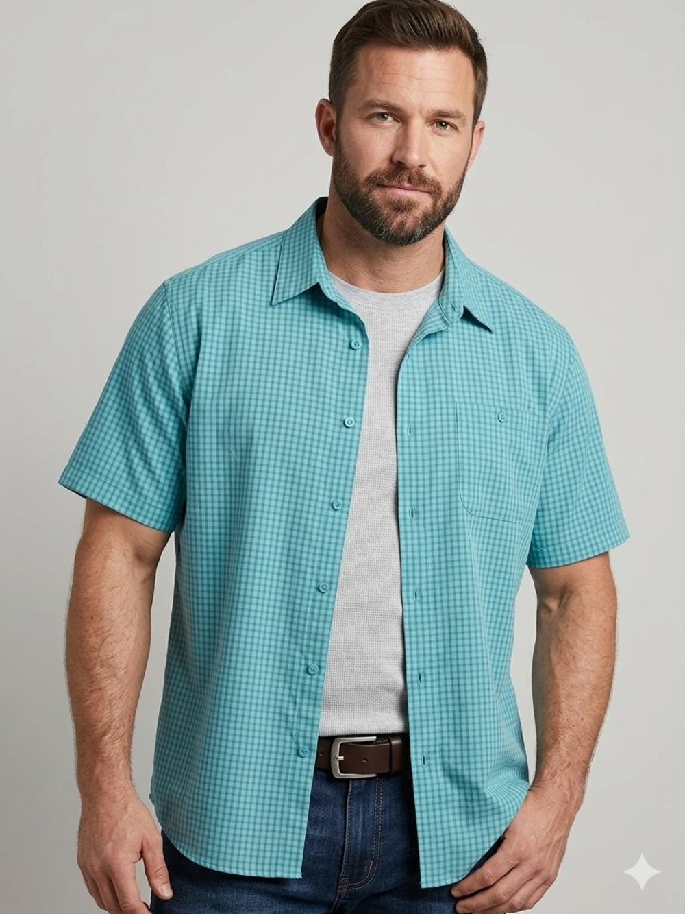 ​R&R Casual Men XXL Turquoise Plaid Short Sleeve Button Up Shirt Polyester
